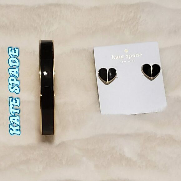 Kate Spade black enamel heart earrings & bangle bracelet - Picture 1 of 7